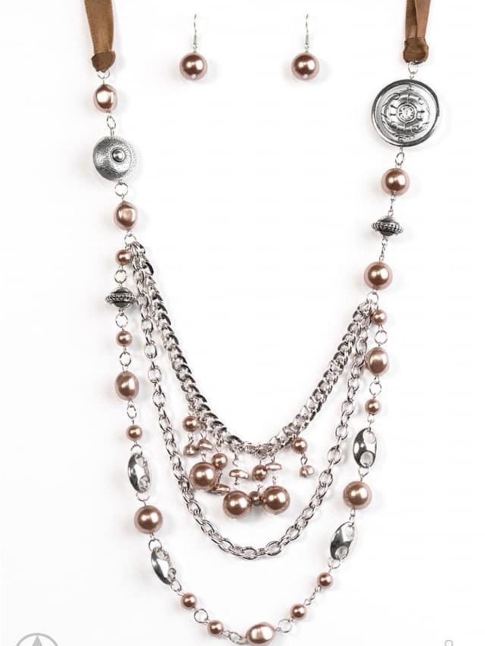 Multi-Strand brown Pearl & Silver Chain Necklace Set